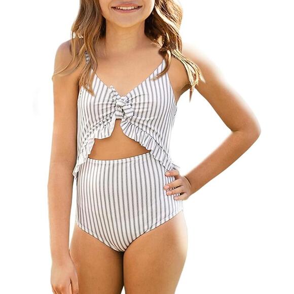Saodimallsu Girls' Striped Two-Piece Swimsuit with Cut Out and Ruffles 11-12Y - Picture 1 of 10